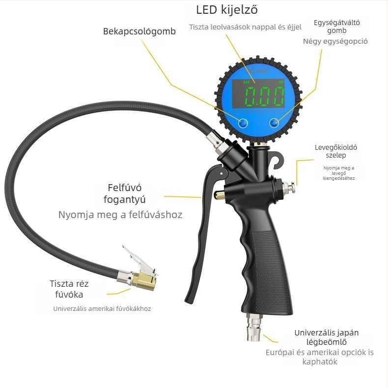 Digitális gumiabroncsnyomás-mérő LED LCD háttérvilágítású kijelzővel