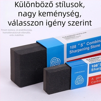 Kétoldalas olajos élező kő barna korunddal, kuboid alakú, konyhai kések és ollók élezéséhez.