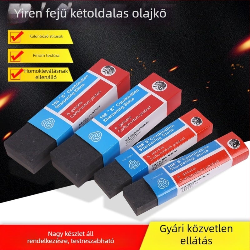 Kétoldalas olajos élező kő barna korunddal, kuboid alakú, konyhai kések és ollók élezéséhez.