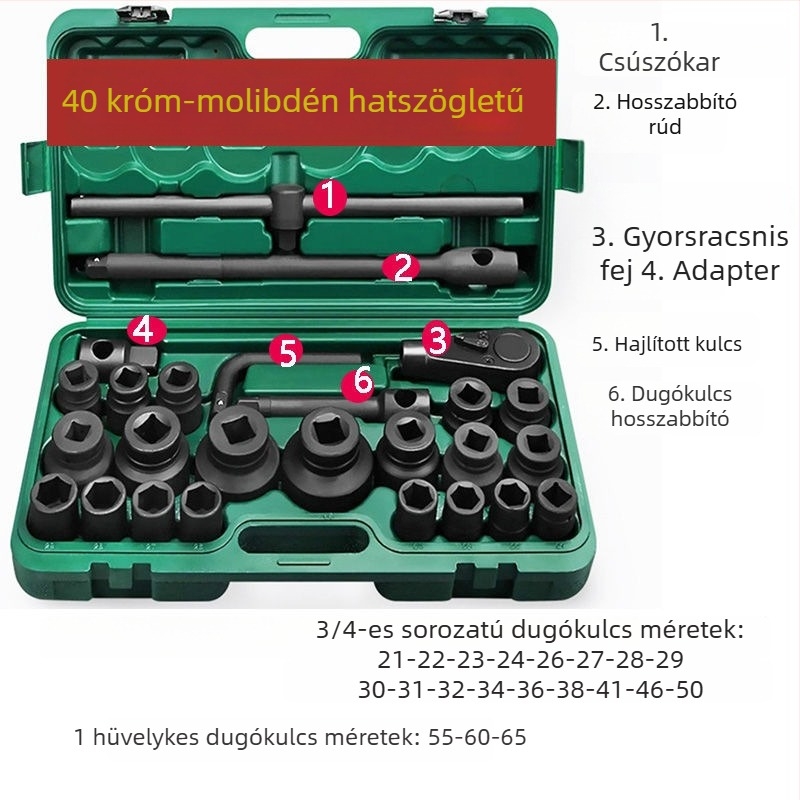 3/4 nehéz pneumatikus dugókulcs-készlet, 26 darab, 1/2–1 hüvelykes meghajtás, autójavítási készlet