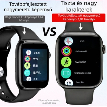 Multifunkciós okosóra vérnyomás-, pulzus-, vércukorszint-monitorozással, alvásfigyeléssel, Bluetooth-hívásokkal és NFC-vel, USB töltéssel; 2,01 hüvelykes TFT kijelző, négyzet alakú alumínium ötvözet tokozat, szilikon szíj.