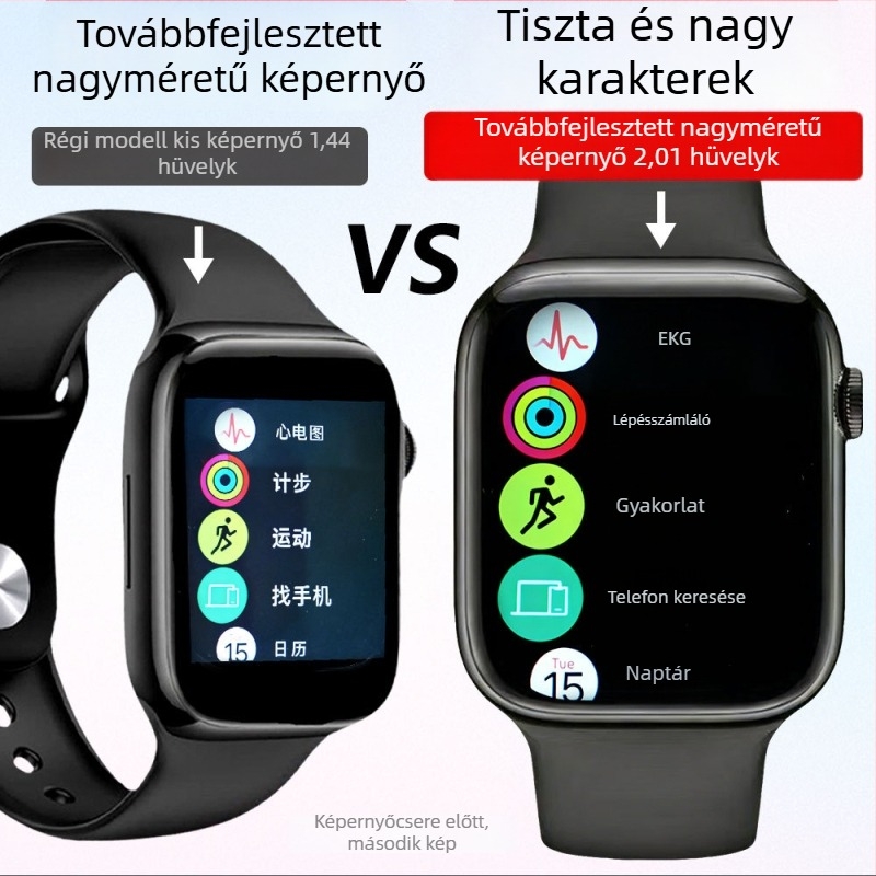 Multifunkciós okosóra vérnyomás-, pulzus-, vércukorszint-monitorozással, alvásfigyeléssel, Bluetooth-hívásokkal és NFC-vel, USB töltéssel; 2,01 hüvelykes TFT kijelző, négyzet alakú alumínium ötvözet tokozat, szilikon szíj.