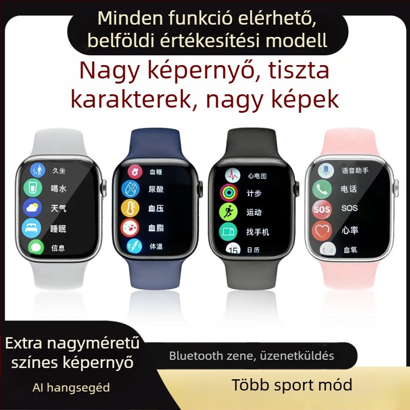 Multifunkciós okosóra vérnyomás-, pulzus-, vércukorszint-monitorozással, alvásfigyeléssel, Bluetooth-hívásokkal és NFC-vel, USB töltéssel; 2,01 hüvelykes TFT kijelző, négyzet alakú alumínium ötvözet tokozat, szilikon szíj.