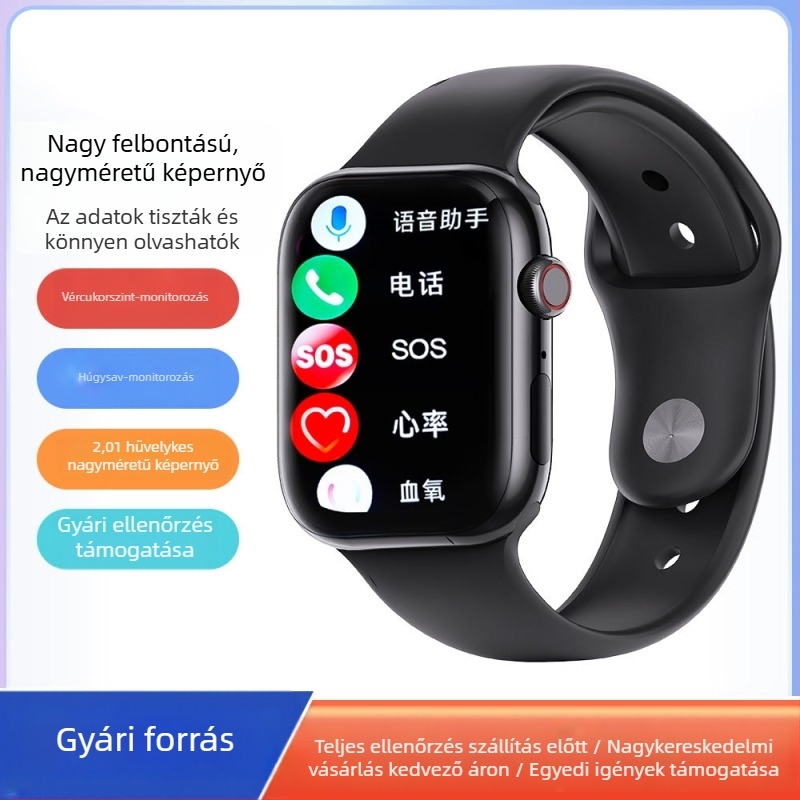 Multifunkciós okosóra vérnyomás-, pulzus-, vércukorszint-monitorozással, alvásfigyeléssel, Bluetooth-hívásokkal és NFC-vel, USB töltéssel; 2,01 hüvelykes TFT kijelző, négyzet alakú alumínium ötvözet tokozat, szilikon szíj.