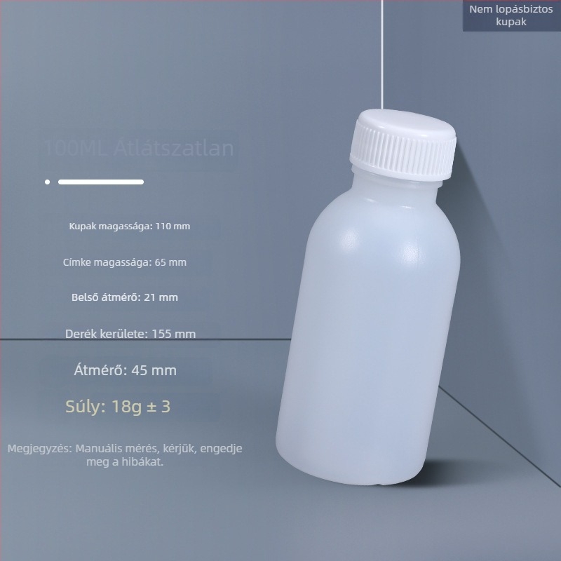 HDPE élelmiszer-minőségű reagáló palack, zárható mintavételi üveg, 100 ml, alkohollal oldható folyadékokhoz, műanyag palack