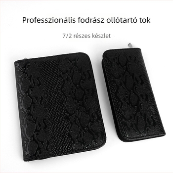 Bőrtáska fodrászati eszközök tárolására, minimalistikus kialakítás, 7 darabos olló készlet