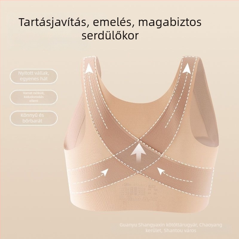Varrásmentes sportmelltartó 12–15 éves lányoknak, hátsó támasztás, nylon, teljes kosár, lélegző és kényelmes.