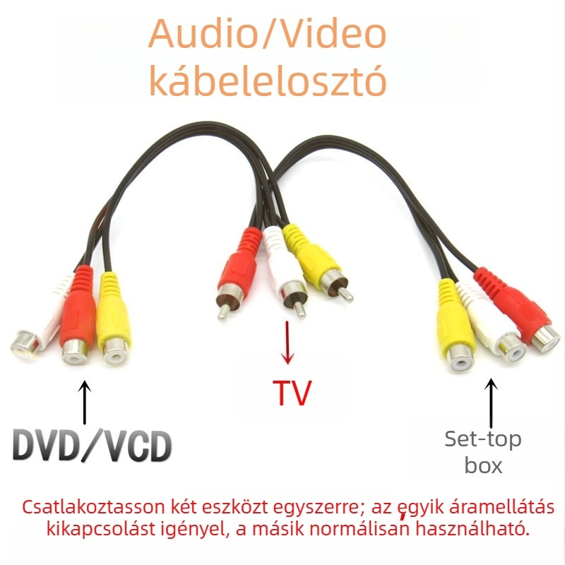 AV osztó kábel 1→2, RCA csatlakozók, 3 férfi 6 női, aranyozott réz, DVD / set-top box és televízió közötti csatlakoztatáshoz