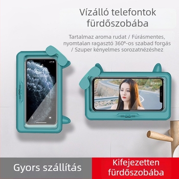 Vízálló fürdőszobai telefontartó, falra szerelés fúrás nélkül, párátlanító tok nedves kéz érintésére