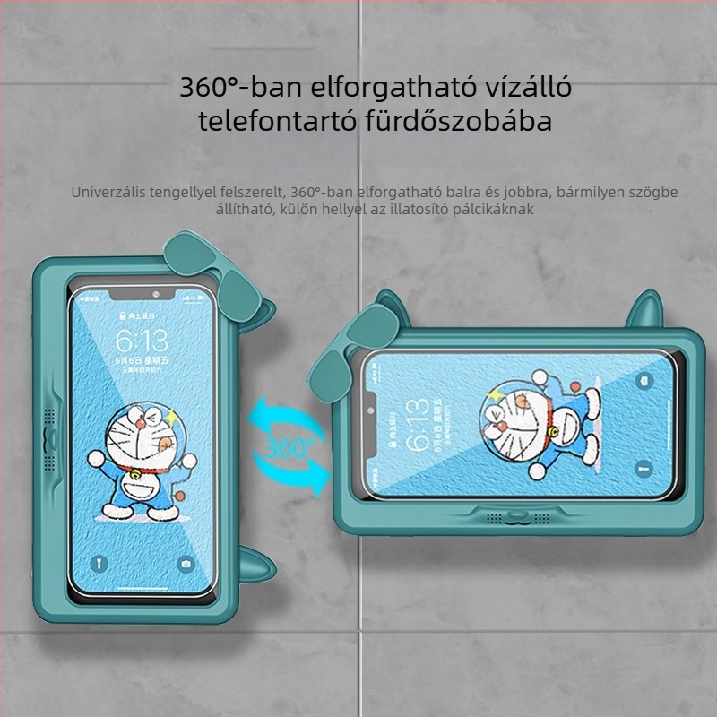 Vízálló fürdőszobai telefontartó, falra szerelés fúrás nélkül, párátlanító tok nedves kéz érintésére