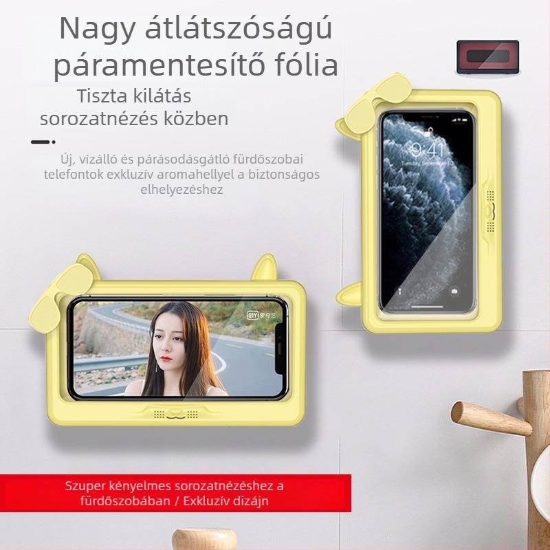 Vízálló fürdőszobai telefontartó, falra szerelés fúrás nélkül, párátlanító tok nedves kéz érintésére