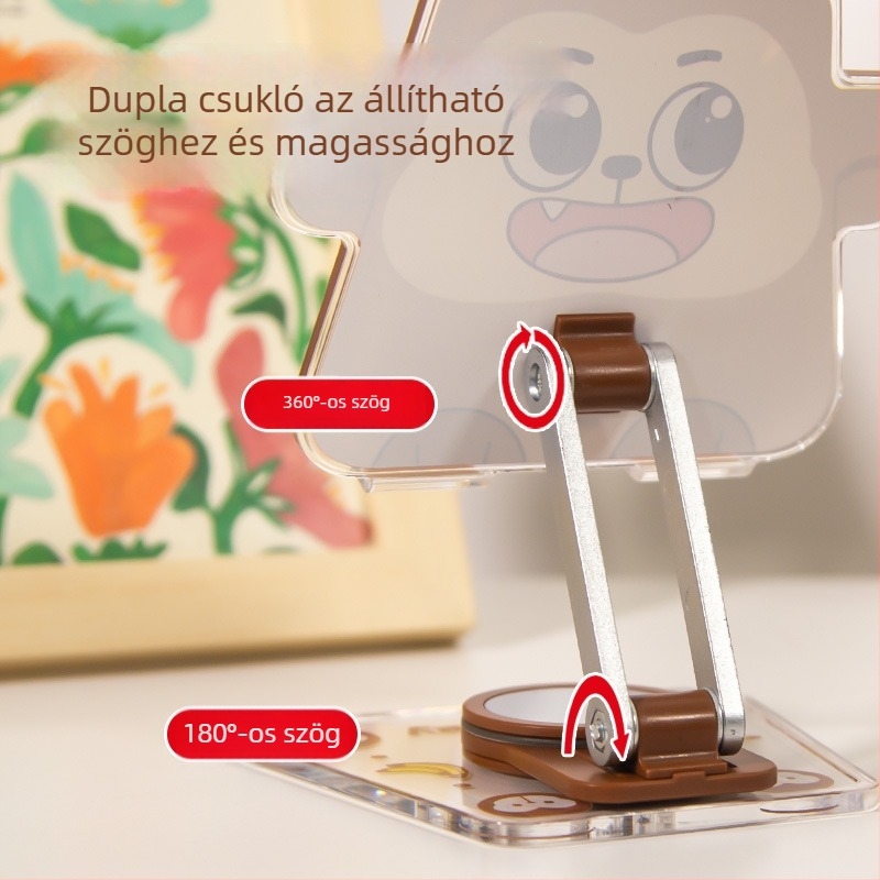 Akril asztali tartó telefonhoz és tabletához, rajzfilmszerű majom motívummal, 360° forgás