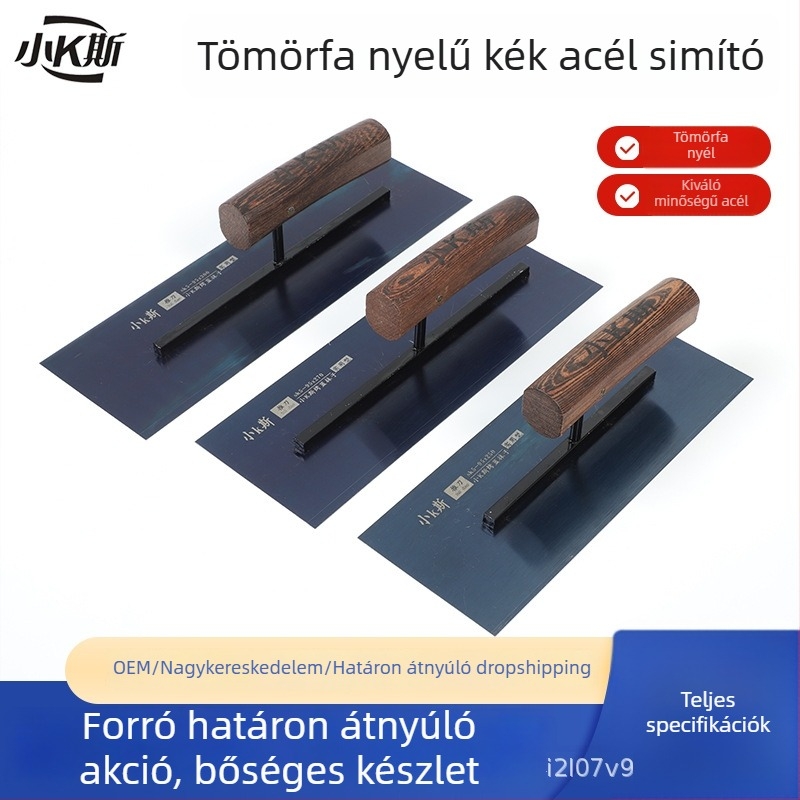 Fából készült fogantyújú kék acél glettelő kés, falak glettelésére és síkba hozására
