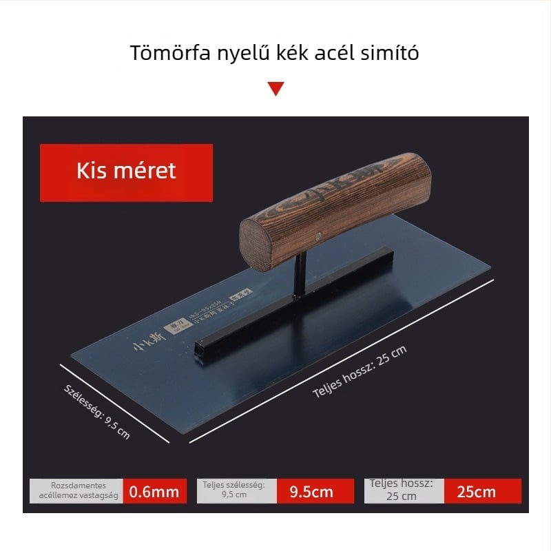Fából készült fogantyújú kék acél glettelő kés, falak glettelésére és síkba hozására