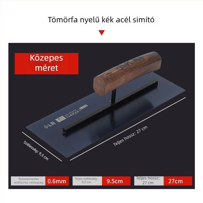 Fából készült fogantyújú kék acél glettelő kés, falak glettelésére és síkba hozására