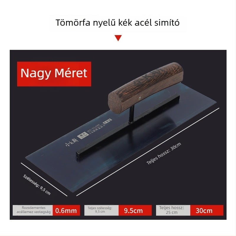 Fából készült fogantyújú kék acél glettelő kés, falak glettelésére és síkba hozására