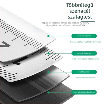 5-10 m-es mérőszalag, nagy precizitású, vastagabb, ütésálló, háztartási fa- és kőműves méréshez, edzett acél szalag