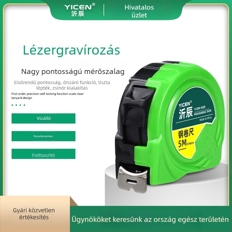 5-10 m-es mérőszalag, nagy precizitású, vastagabb, ütésálló, háztartási fa- és kőműves méréshez, edzett acél szalag
