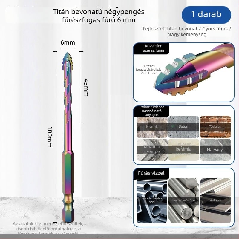 Titánbevonatú négyélű, fogazott fúró csempékhez, márványhoz és betonhoz – 6/8/10/12 mm