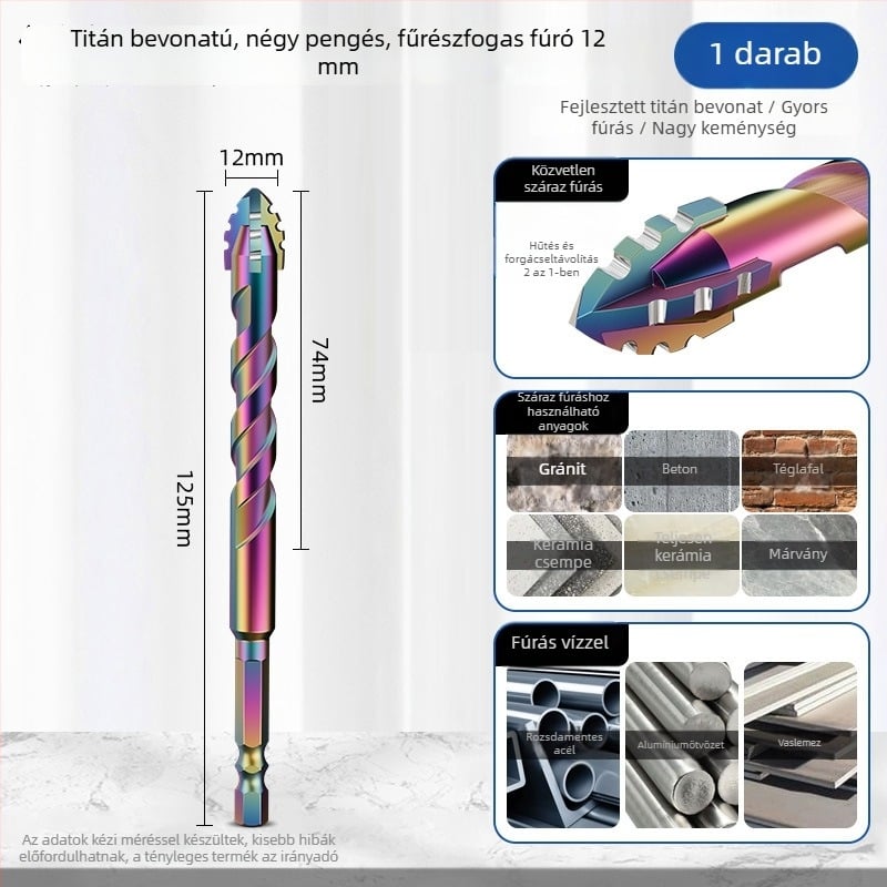 Titánbevonatú négyélű, fogazott fúró csempékhez, márványhoz és betonhoz – 6/8/10/12 mm