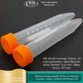 10 ml / 15 ml csavaros kupakkal záródó graduált centrifugacső konikus aljjal, narancssárga és kék kupakkal