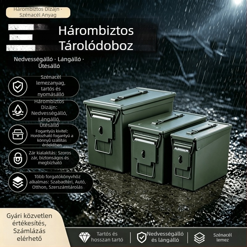 Autóhoz használt háromvédelmes fém szerszámtartó doboz, lezárható, tűzálló lítium-akkumulátor tároló doboz, hordozható szerszámosláda