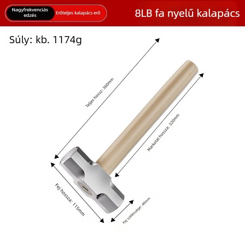 Nyolcszögletű kalapács fa nyéllel – nehéz falbontó és kőműves munkákhoz