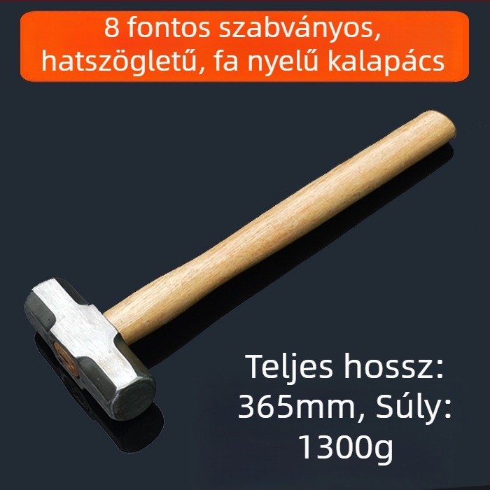 Nyolcszögletű vaskalapács fa markolattal, nehéz építőipari kalapács dupla fejjel