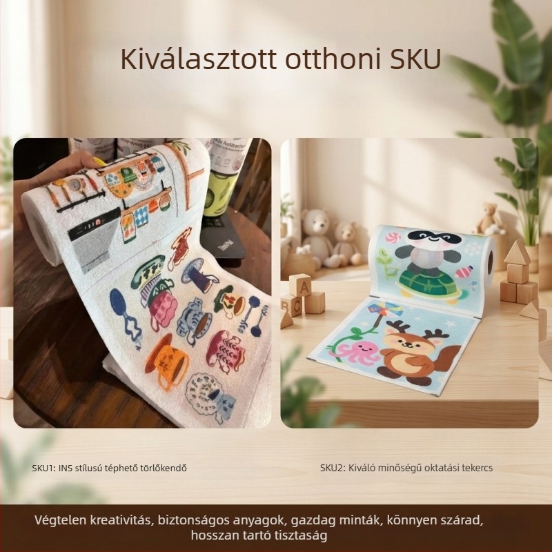 Insta-stílusú kézzel téptetett konyhai rongy, száraz–nedves kettős használathoz, kézzel rajzolt mintával