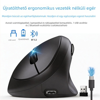 Ergonómikus tojás alakú függőleges egér, Bluetooth, kettős töltés, csendes működés