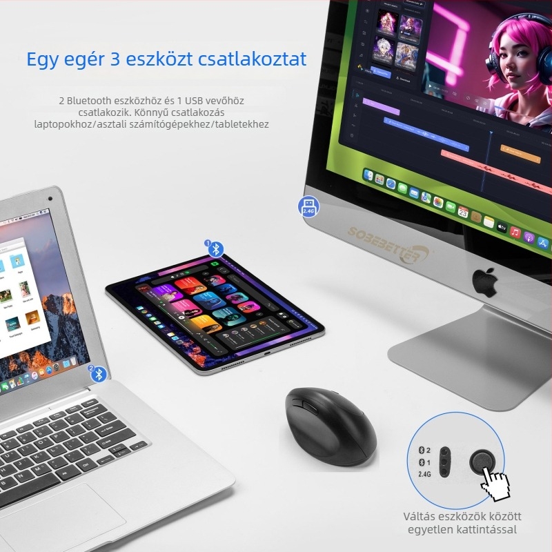 Ergonómikus tojás alakú függőleges egér, Bluetooth, kettős töltés, csendes működés