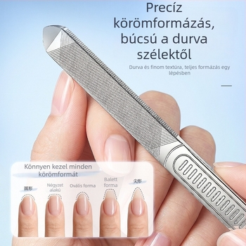 Rozsdamentes acélból készült, polírozott körömreszelő – kétoldalas, hegyes fejjel, csúszásmentes markolattal, vastított hámlasztó reszelő