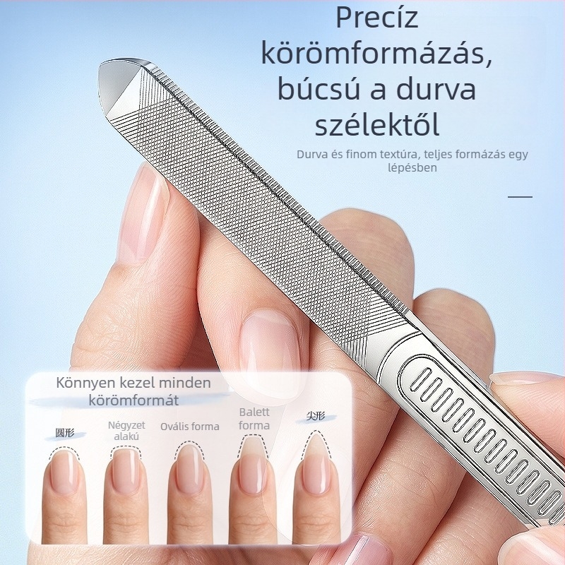 Rozsdamentes acélból készült, polírozott körömreszelő – kétoldalas, hegyes fejjel, csúszásmentes markolattal, vastított hámlasztó reszelő