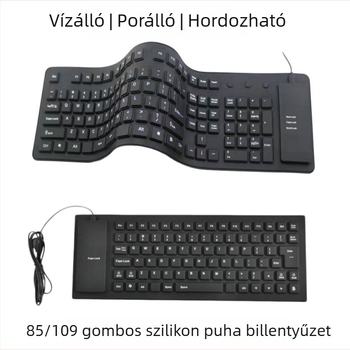 85/109 billentyűs szilikon membrán billentyűzet, por- és vízálló, összecsukható, hordozható, USB-kábeles