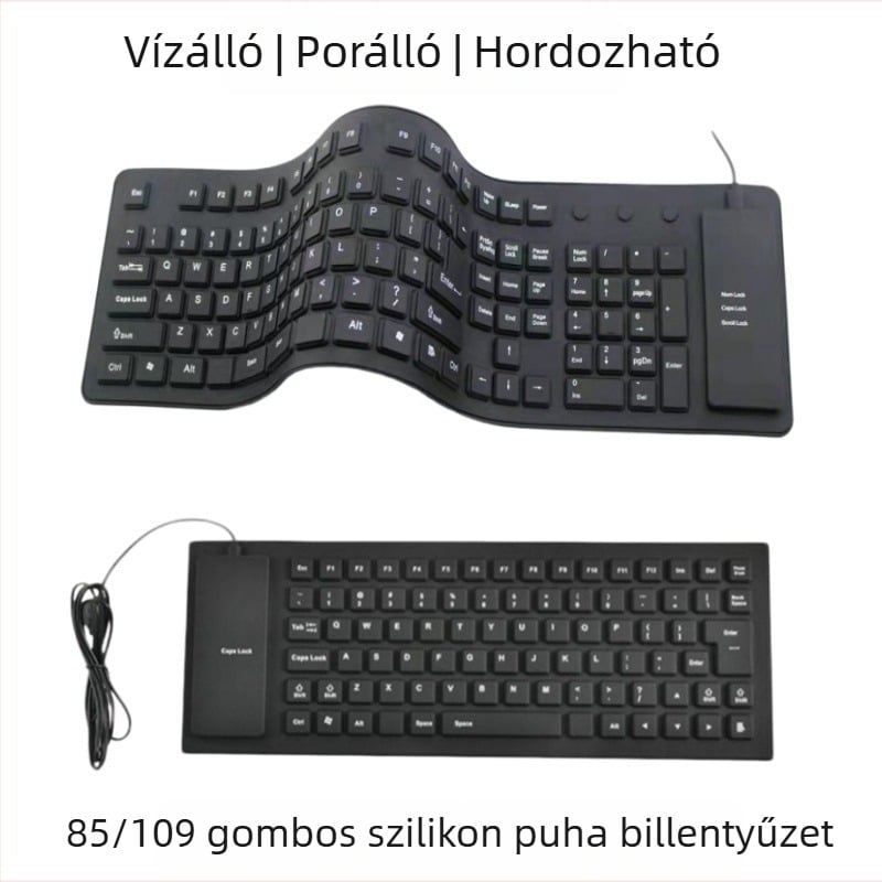 85/109 billentyűs szilikon membrán billentyűzet, por- és vízálló, összecsukható, hordozható, USB-kábeles
