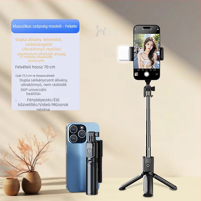 Mini selfie bot állvány padlóra, hordozható telefon-tartó, 360°-os forgás, Bluetooth