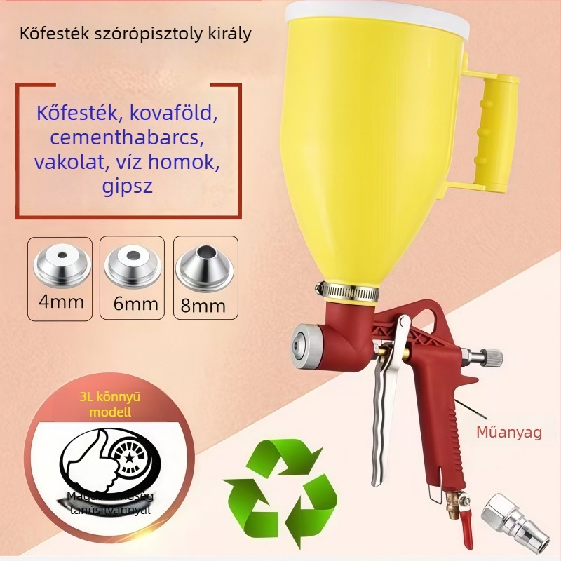 Műanyagból készült festékszóró pisztoly, 3 literes kapacitású, valódi kőfestékhez, cementhabarcs és diatomit föld bevonatokhoz.