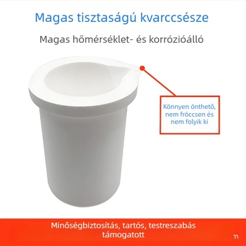 Kvarc olvasztótál, nagy tisztaságú kvarc kupával és kerámiakorund burkolattal, magas hőmérsékletű olvasztáshoz arany, ezüst, réz és platina megolvasztására
