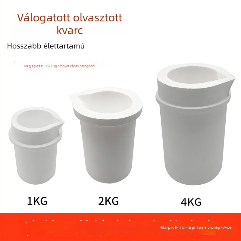 Kvarc olvasztótál, nagy tisztaságú kvarc kupával és kerámiakorund burkolattal, magas hőmérsékletű olvasztáshoz arany, ezüst, réz és platina megolvasztására