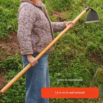 Rugóacélból kovácsolt, egyben készített gyomirtó kapa hosszú nyéllel, mezőgazdasági használatra.