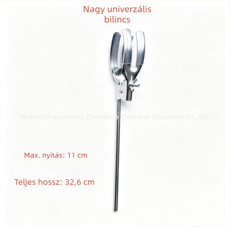 Háromágú csipesz, közepes méretű kémcső-/pohárfogó, keresztcsipesz, dupla felső csavaros kolbacsipesz, univerzális csipesz, kondenzátortömlék cső csipesz, vasállvány tartozékok
