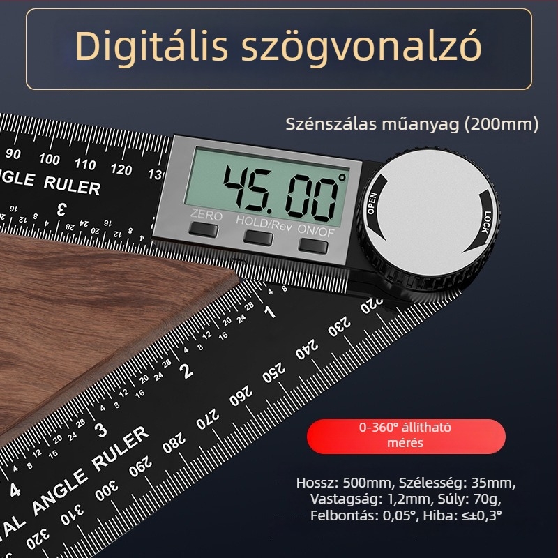 Digitális szögmérő kijelzővel, 360° mérés, magas pontosság, többfunkciós univerzális asztalos vonalzó