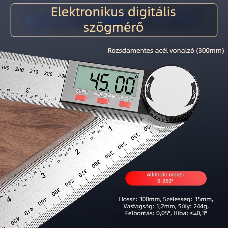 Digitális szögmérő kijelzővel, 360° mérés, magas pontosság, többfunkciós univerzális asztalos vonalzó