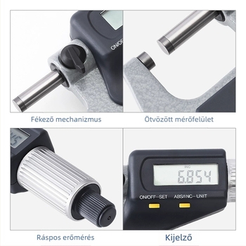 Elektronikus digitális külső mikrométer, 0–25–50–75–100 mm mérési tartomány, külső átmérő magas pontosságú mérése