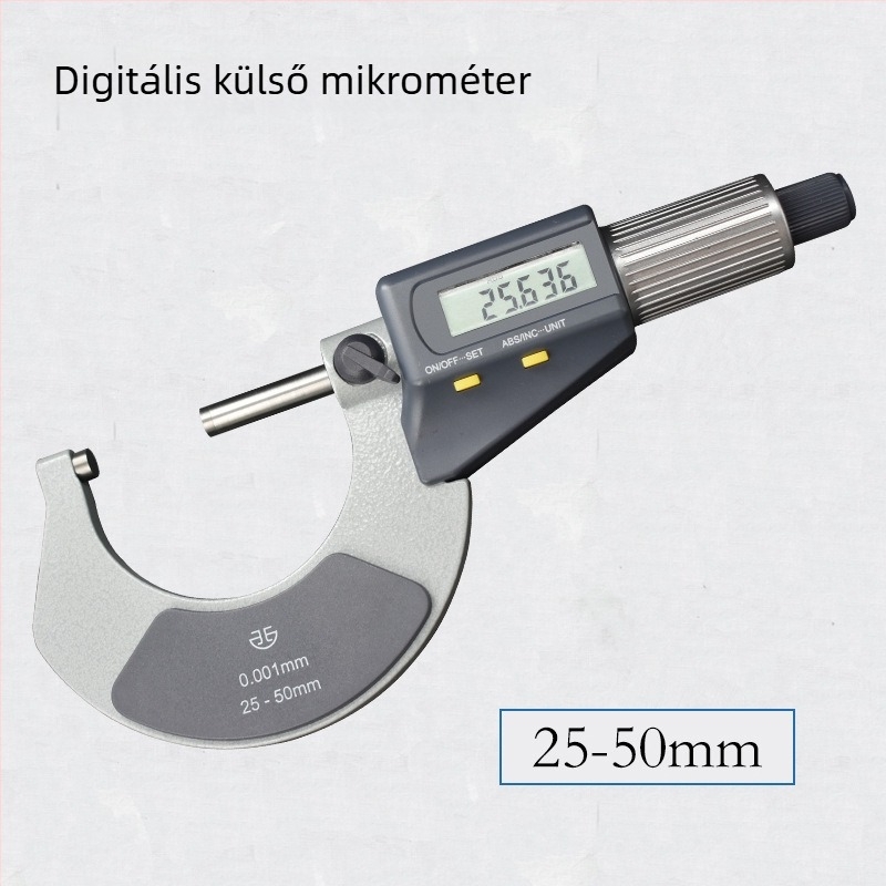 Elektronikus digitális külső mikrométer, 0–25–50–75–100 mm mérési tartomány, külső átmérő magas pontosságú mérése