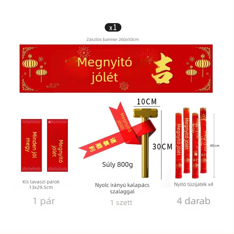 Szerencsés megnyitó ceremónia és új otthon dekorációs készlet — banner, asztalterítő, háttéranyag, piros színű anyag és kalapács dísz