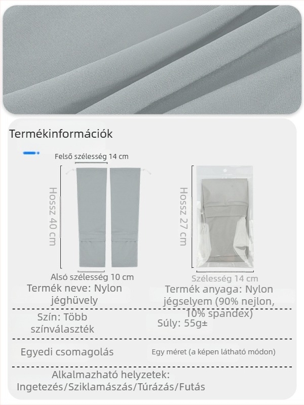 Kerékpáros napvédő karvédő UPF50 Ice Silk anyagból, szabályozható húzózsinórral