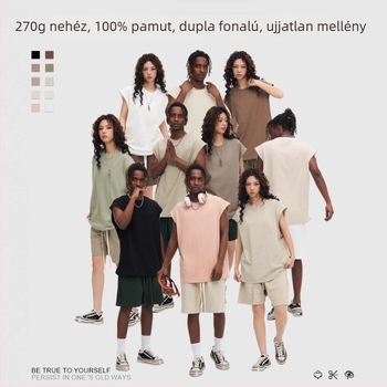 MQFuShi férfi ujjatlan pamut felső, 32S dupla szál, 270 g, nehéz, laza szabás, sportos stílus