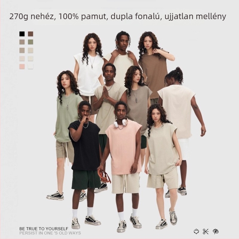 MQFuShi férfi ujjatlan pamut felső, 32S dupla szál, 270 g, nehéz, laza szabás, sportos stílus