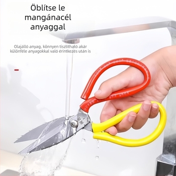 Mangán-acélból készült ipari olló, rozsdamentesen védett, nagy keménységű, éles; huzal vágáshoz, varráshoz, bőr, szárnyas és hal feldolgozásához